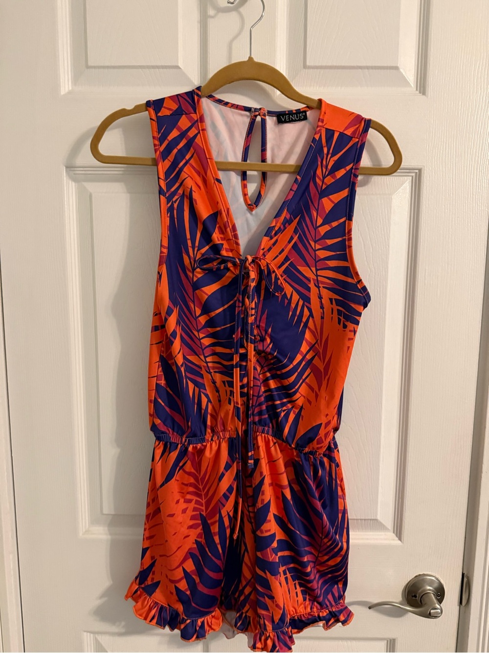 VENUS Orange and Blue Leaf-Print Romper